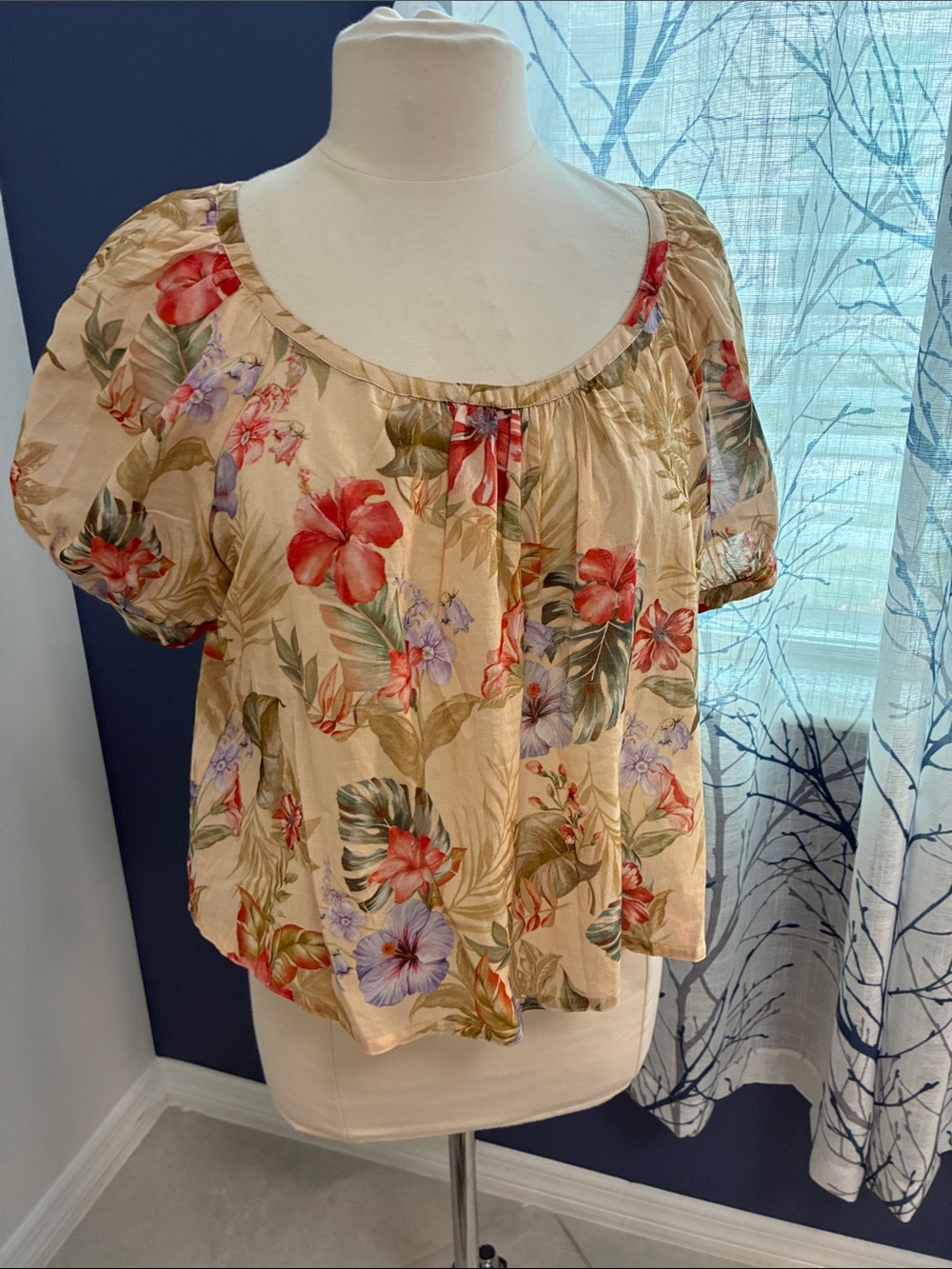 Joie Floral Puff-Sleeve Peasant Top - Tan with Red & Green Floral Print